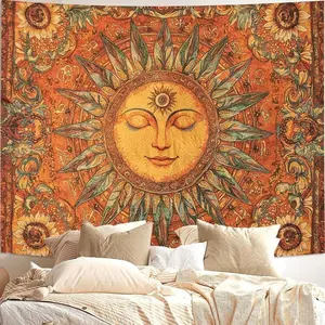 1pc Vintage Bohemian With Closed-Eye Smiling Sun Design Tapestry, Photo Backdrop Wall Hanging For Black History Month Decor, Banner, 100% Polyester, Single-Sided Printing, Holiday Decor, Home Decoration funny decorative tapestry durable man