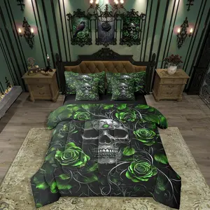 Feelyou 7-Piece Microfiber Sugar Skull Comforter Set - Green Rose Floral Gothic Skeleton Bed-in-a-Bag Bedding Set for Teens, Microfiber Bedding Set