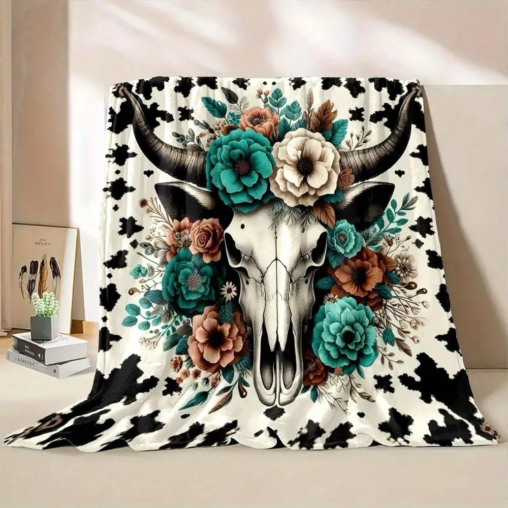 Country-Rustic Flannel Throw Blanket, 100% Polyester Non-Woven Reversible Blanket with Cartoon Bull Skull and Floral Digital Print - All-Season Cozy Festive Home Decor Cover, Throw Blankets