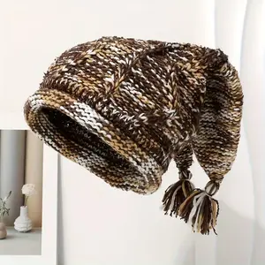 Women's Colorful Beanie with Long Tassels - Stretchy Breathable Winter Hat 100% Polyester Elastic Fit for Face Versatile Outfits