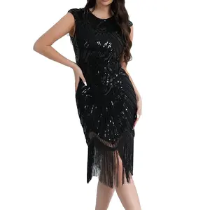 Wuchieal Womens 1920s Dress Flapper Vintage Great Gatsby Charleston Dress Party Dress (Small Black-Black)