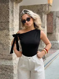 Women's One-Shoulder Bow Vest, Sleeveless Asymmetric Waistcoat, Summer Elegant Solid Color Shirt, Casual Slim Fit Party Top Womenswear
