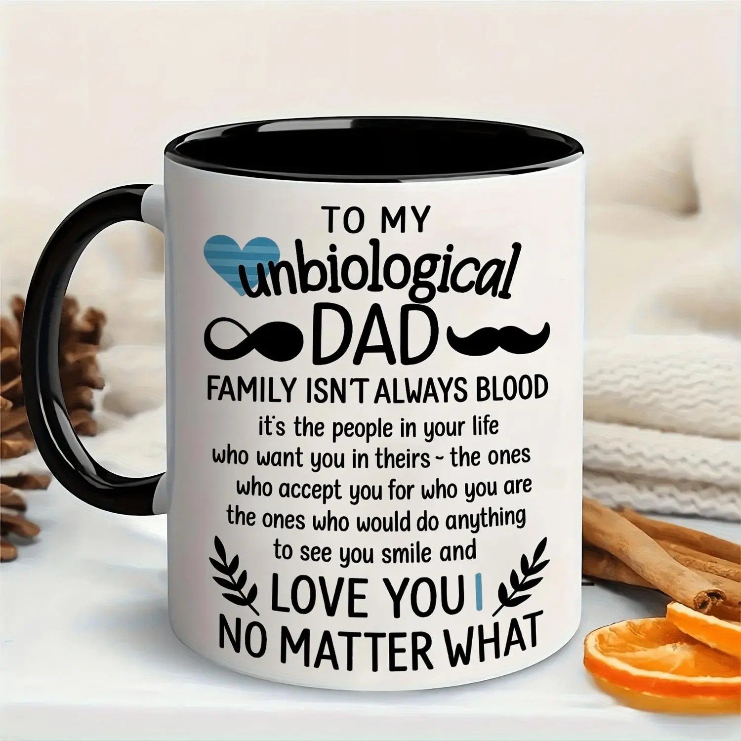 1pc, 11oz Funny Quote Ceramic Coffee Mug/tea Cup. A Mug Printed with Heart Mustache and Lettering Style Patterns Saying UNBIOLOGICAL DAD Family Isnt Always Blood. Gift for Dad on Fathers Day Birthday