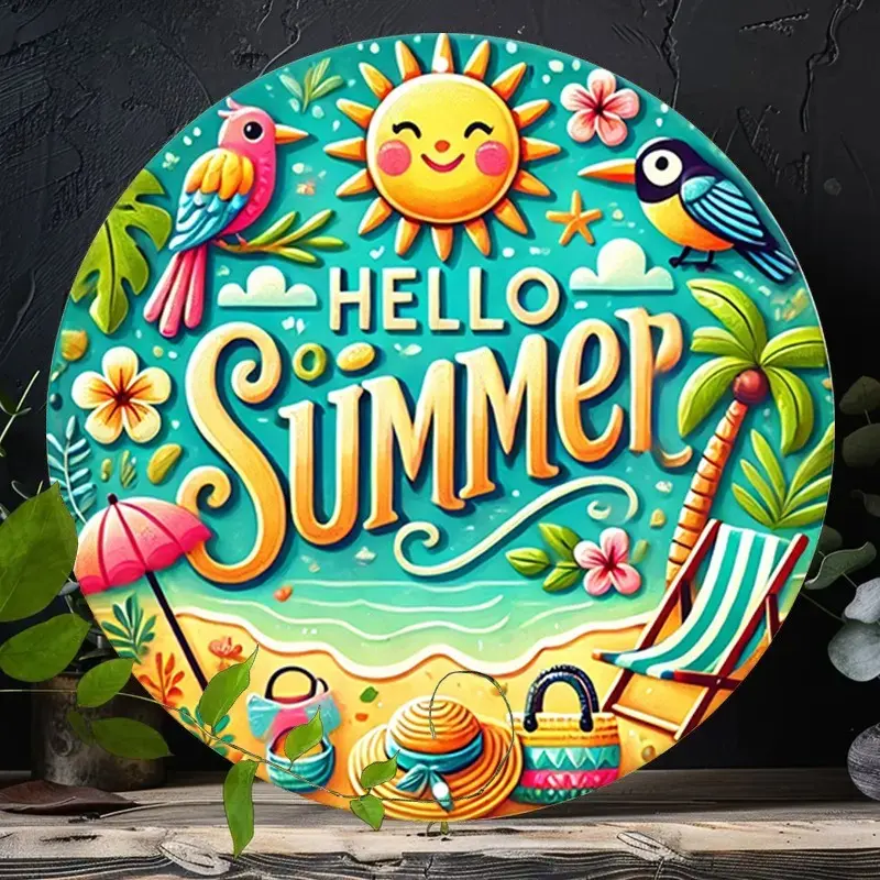 Retro Tropical Golden-Turquoise Decorative Metal Wall Sign - Hawaiian Iron Art with Palm Trees, Hibiscus, Flip-Flops, Lettering - Beach, Universal Home, Pool Coastal Indoor Decor Plaque, Coastal Decor, Indoors