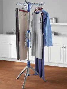 Space-Saving 2-Tier Tripod Hanging Clothes Drying Rack, Steel，Clothes Drying Rack,  6 Arms for Hangers, Portable Garment Rack, Foldable Laundry Drying Rack for Indoor/Outdoor, Blue Accessories Aluminium