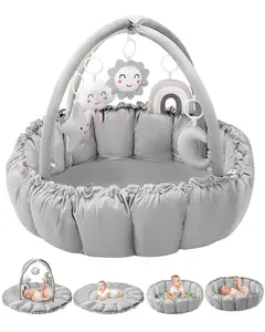 5-in-1 Convertible Baby Gym Play Mat with Hanging Toys, Soft Padded Baby Lounger & Ball Pit, Plush Tummy Time Mat for Newborns to Toddlers, Machine Washable, Gray/pink