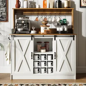 HOMBCK Farmhouse Coffee Bar Cabinet with Hutch, 47 Inch Buffet Cabinet with Storage,  Wine Bar with 9 Wine Racks and 6 Hooks, Coffee Bar Table with Adjustable Shelves for Living Dining Room