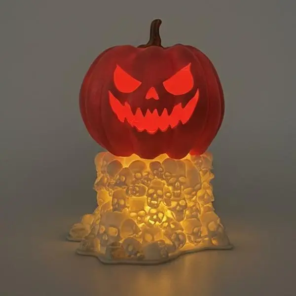 Spooky Halloween Pumpkin on Skulls LED Candle Light Lantern with Red Glowing Eyes and Yellow Light Base Plastic Decor Decoration