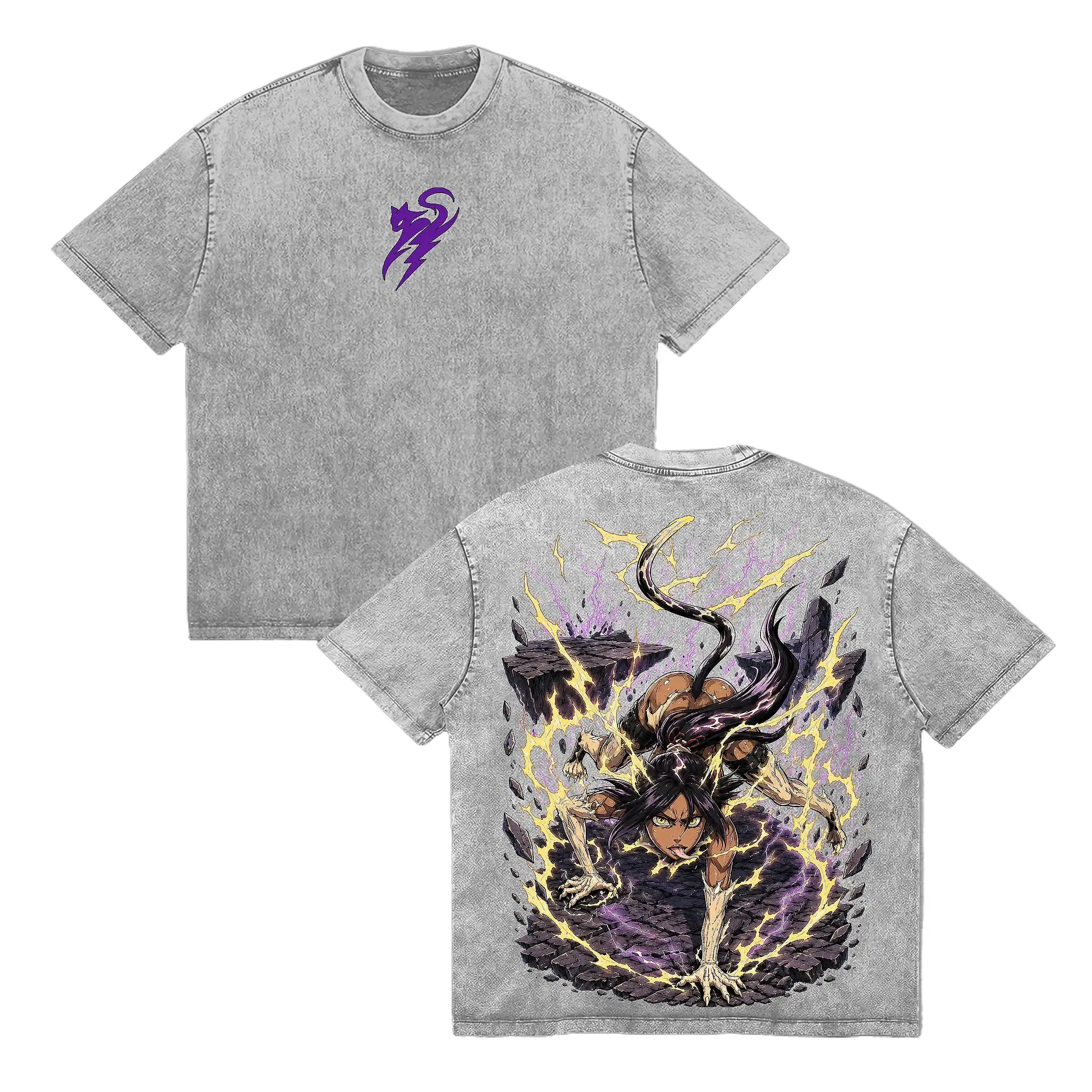 Men's Oversized Vintage Washed Heavyweight Cotton Short-Sleeve T-Shirt, Yoruichi Shihoin Thunder Shunko Bleach Anime Double-Sided Graphic Streetwear, Gift for Soul Reaper Fans