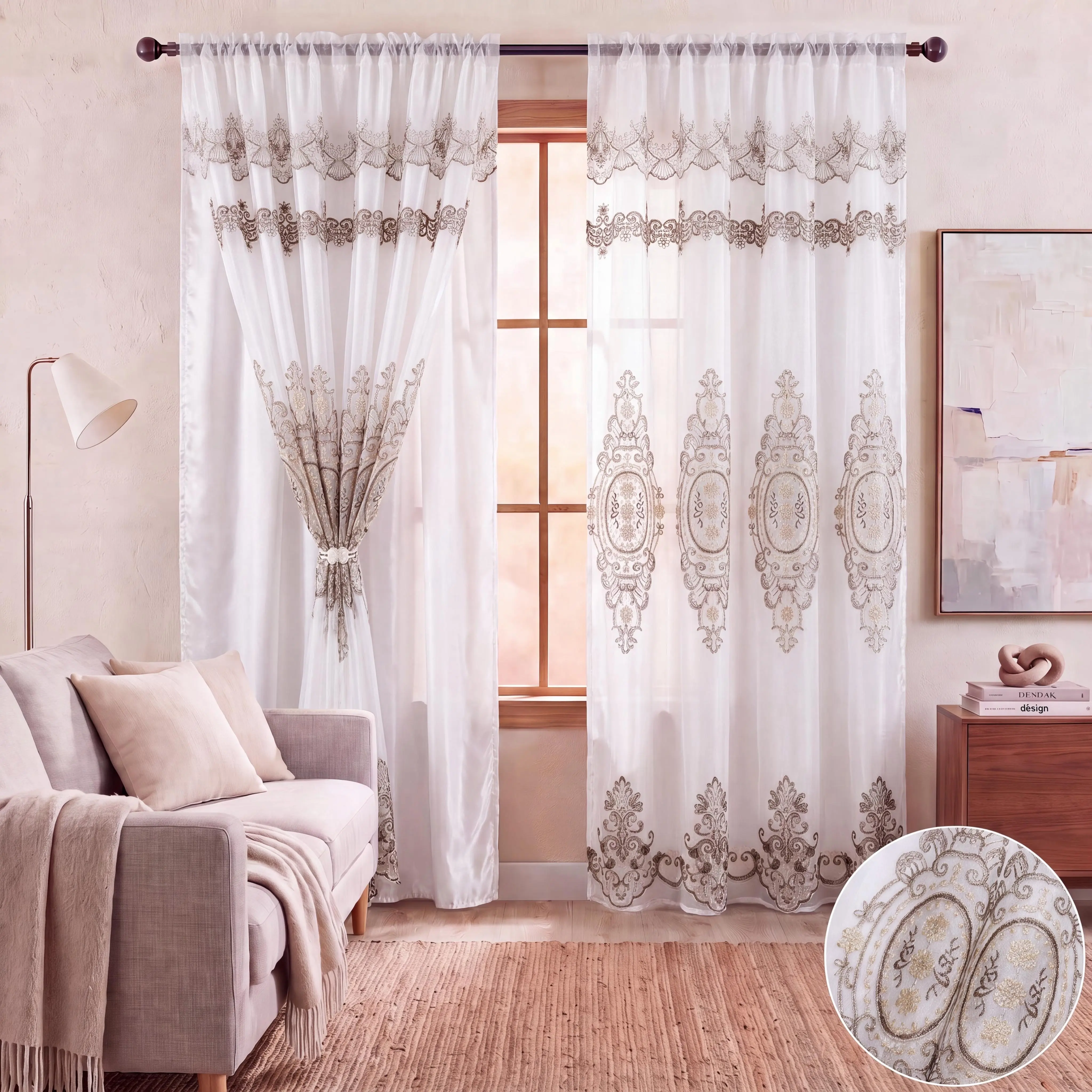 Luxury Double Layer Plant Motif Embroidery Window Curtains with Attached Valance, 2 Grommet Top 52x84" Drapes, Breathable Wrinkle-Resistant Durable Semi-Blackout Thermal Insulated Light-Filtering European Home Decor for Living Room Bedroom QF713