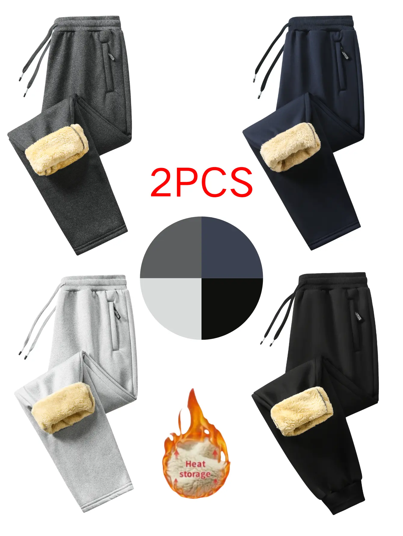 Men’s mid-rise multi-layer elastic waistband fleece sweatpants, adjustable woven drawstring with aglets, side zipper pockets, reinforced seams all around the leg openings with visible stitching, straight-cut legs, thick knit for heat retention, casual str