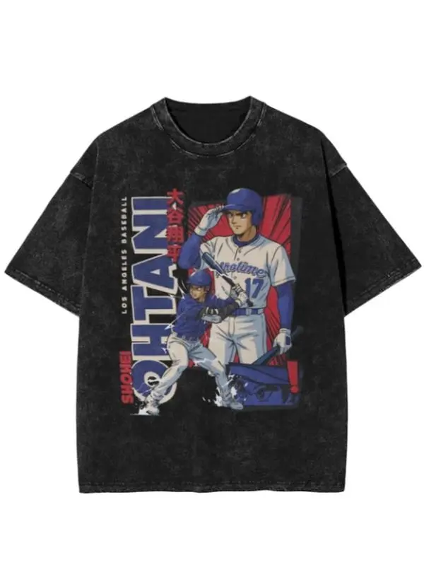 Ohtani Dodgers Anime Style Men's T Shirts Washed Funny Tee Shirt Short Sleeve O Neck T-Shirts 100% Cotton Plus Size Clothes