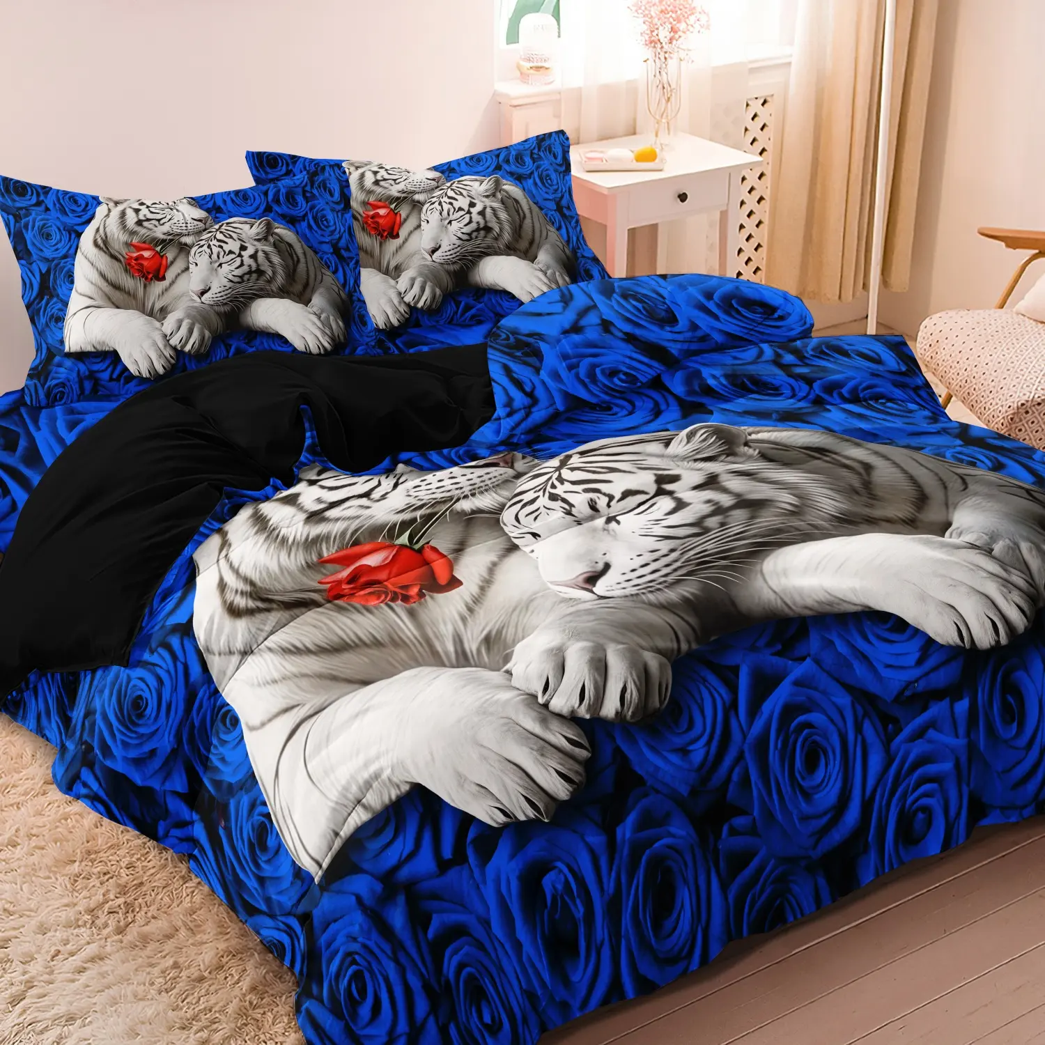 3pcs White Tiger Red Rose Pattern Print Duvet Cover Set, Romantic Wild Animal Bedding with Blue Rose Background, Printed Bedding Set For Family Bedrooms Dormitories Hotels (1 Duvet Cover + 2 Pillowcases No Comforter No Pillow)