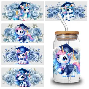 5 Sheets Unicorn Graduation UV DTF Stickers UV DTF Cup Wraps Stickers - for 16 Ounce Libbey Cups - Animal 3d Crystal Label - Waterproof And Scratch Resistant Sticker - DIY Sticker for Glass Cups And Bottles