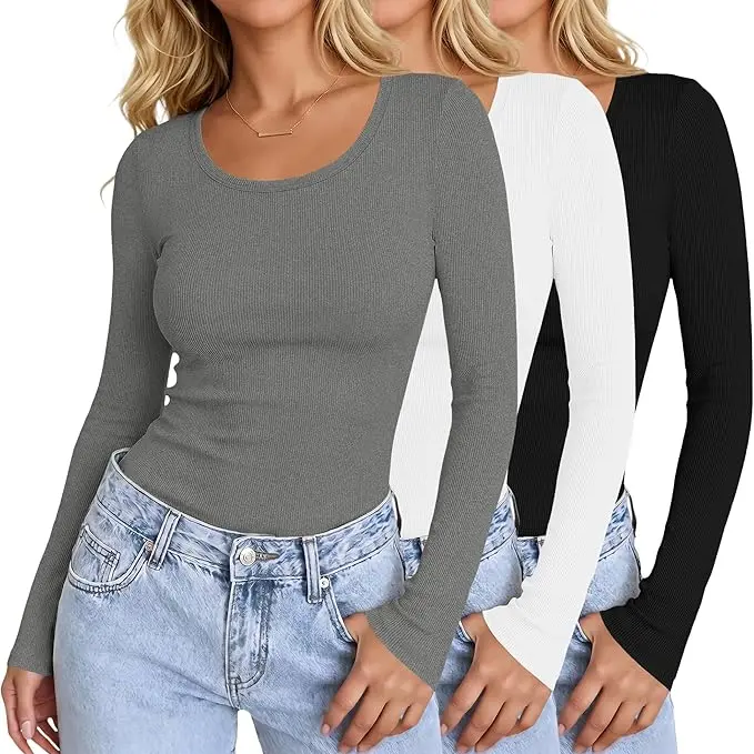 Ekouaer 3 Packs Women's Minimalist Lady Clothes - Long Sleeve Ribbed Scoop Neck Fitted Thermal Underwear, 2026 Fall Casual Undershirts, S-XXL Sizes