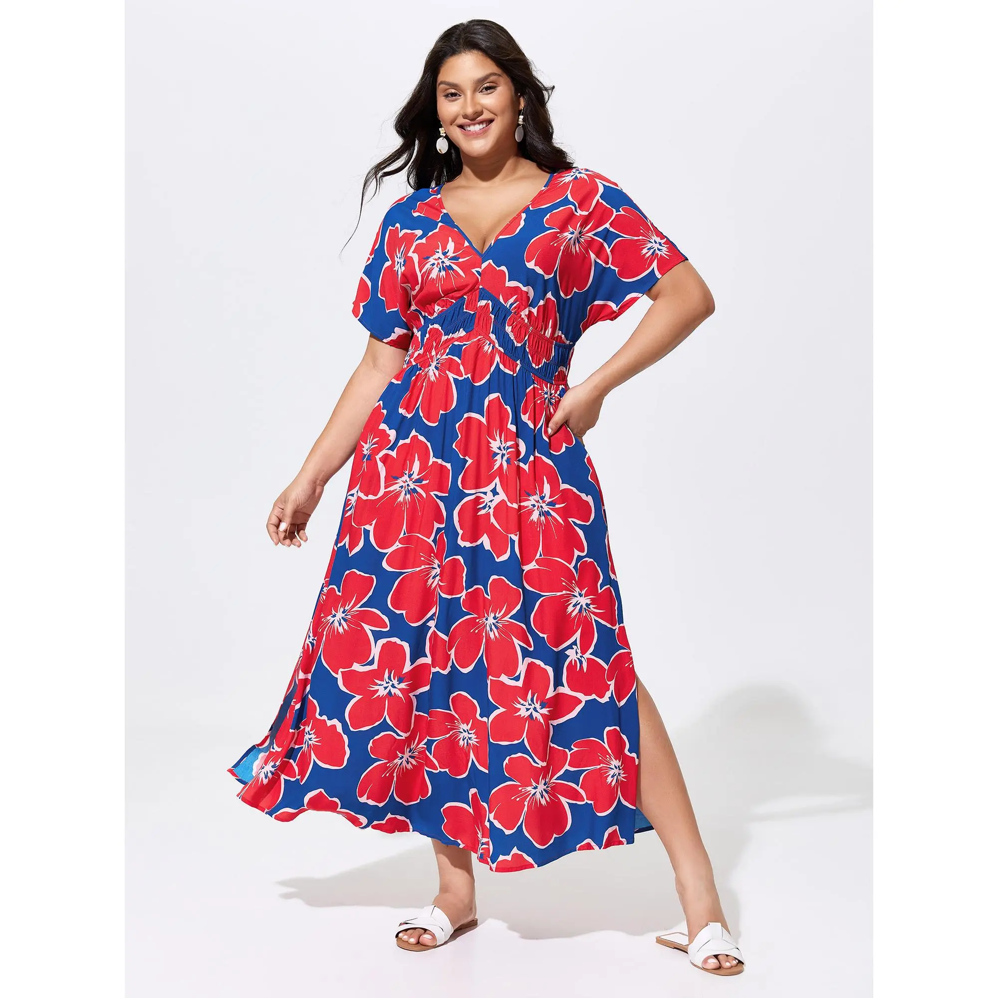 BLOOMCHIC Women's Plus Size Supersoft Tropical Floral Shirred Waist Short-Sleeve Casual Midi Dress [M-6X] - Smooth Fabric Garment, Summer Finds