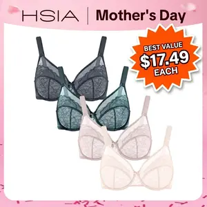 【4 Pack】HSIA Enchante Lace Bra Set Floral Lace Underwire PLus Size Full Coverage Bra Bundle