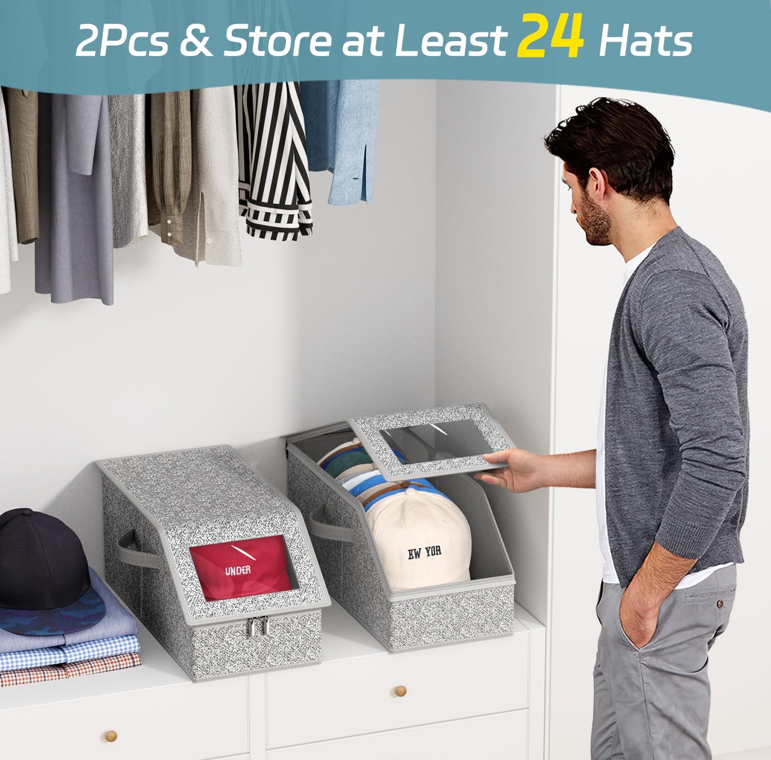 2 PCS Stackable Hat Storage for Baseball Caps, Holds up to 24 Caps Hat Organizer for Closet, Sturdy Snapback Boxes for Men with Cardboard
