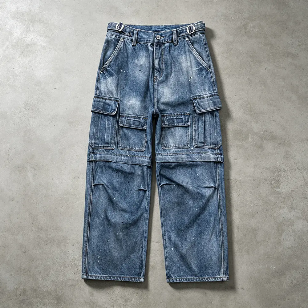 Men Vintage Splatter Paint Convertible Cargo Wide Leg Jeans, Adjustable Waist Buckle Multi Detachable Pocket Loose Baggy Distressed Denim Pants Y2K Techwear Skate Streetwear Bottoms