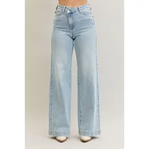 Judy Blue Women's High-Waist Retro Flared Wide-Leg Crisscross Twist Mild Destroy Jeans with Light Cotton-Spandex Fabric, Style 881024