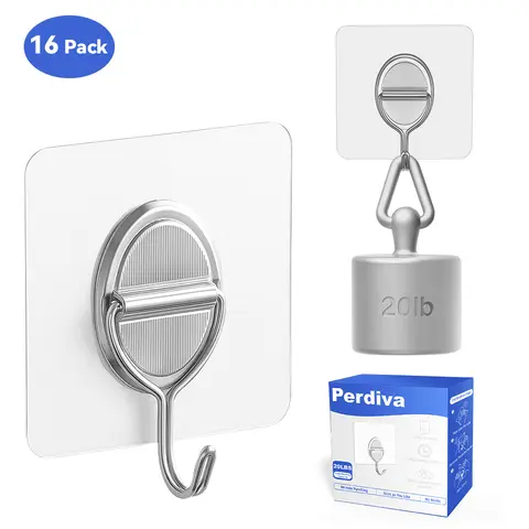 Removable Adhesive Wall Hanging Hooks (16 Pack) - Heavy Duty 20lb Hold, Adjustable Contemporary Design, Easy to Install, Reusable Waterproof, No Damage for Tile/Glass/Wood, Ideal for Household Kitchen
