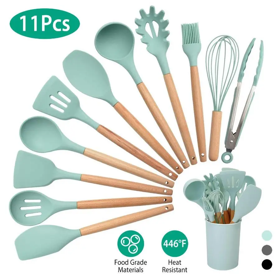 NoEnName_Null 11Pcs Silicone Cooking Utensil Set with Wooden Handles Heat Resistant up to 446°F Food Grade Materials Spatula Turner Ladle Spaghetti Server Tongs
