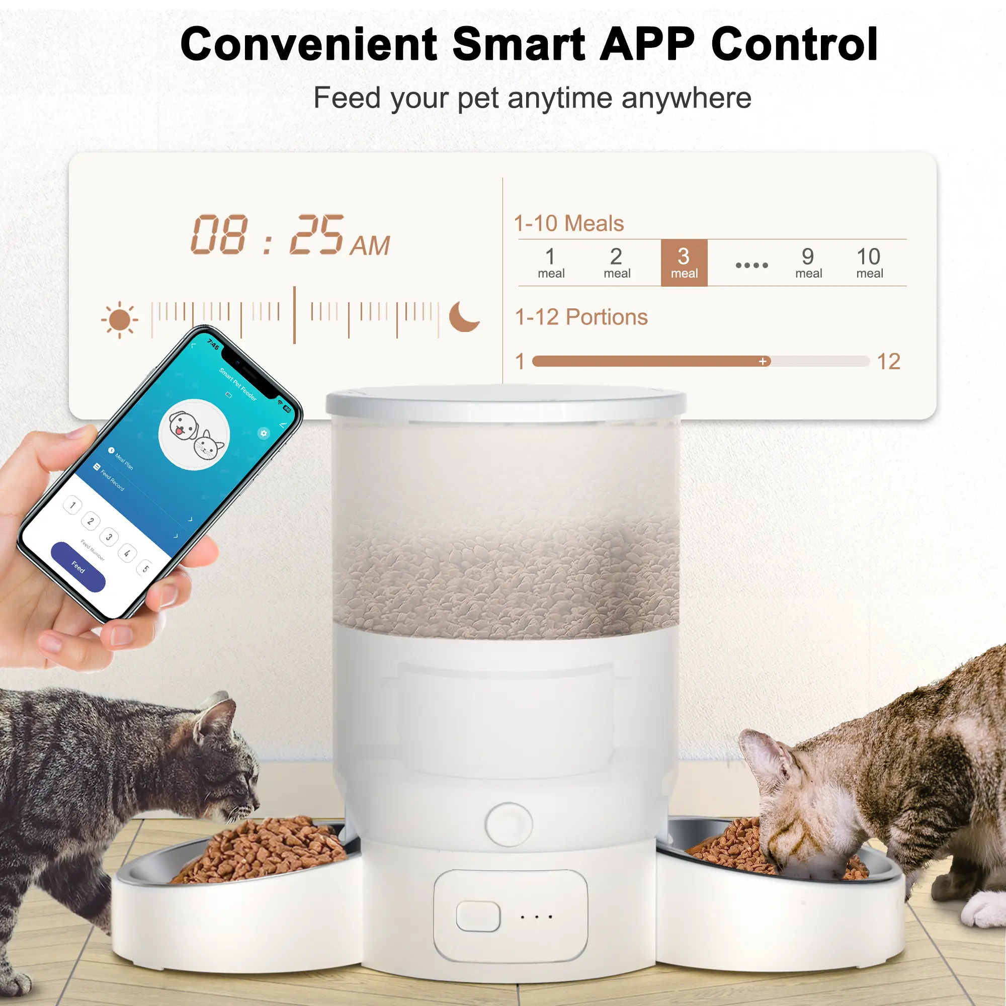 Smart WiFi APP-Controlled Automatic Cat Feeder, 3L Dual Bowl Timed Food Dispenser with Battery Backup for 2 Cats
