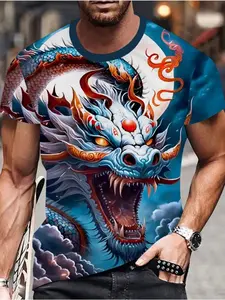 Anti-Wrinkle Washable Dragon Totem Short Sleeve Men's Power Casual Street Style Breathable Plus Size Loose Fit T-Shirt