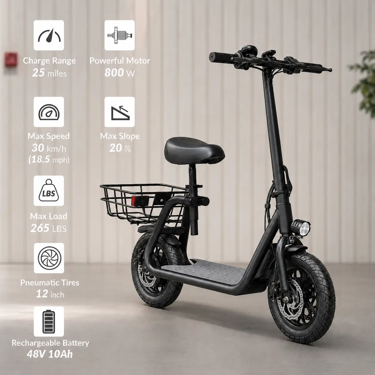 Adult Foldable Electric Scooter with Seat, 800W Motor, 48V 10Ah Battery, 18.6 MPH Top Speed, 12" Tires, Dual Disc Brakes, Rear Cargo Basket, 3-Speed E Scooter