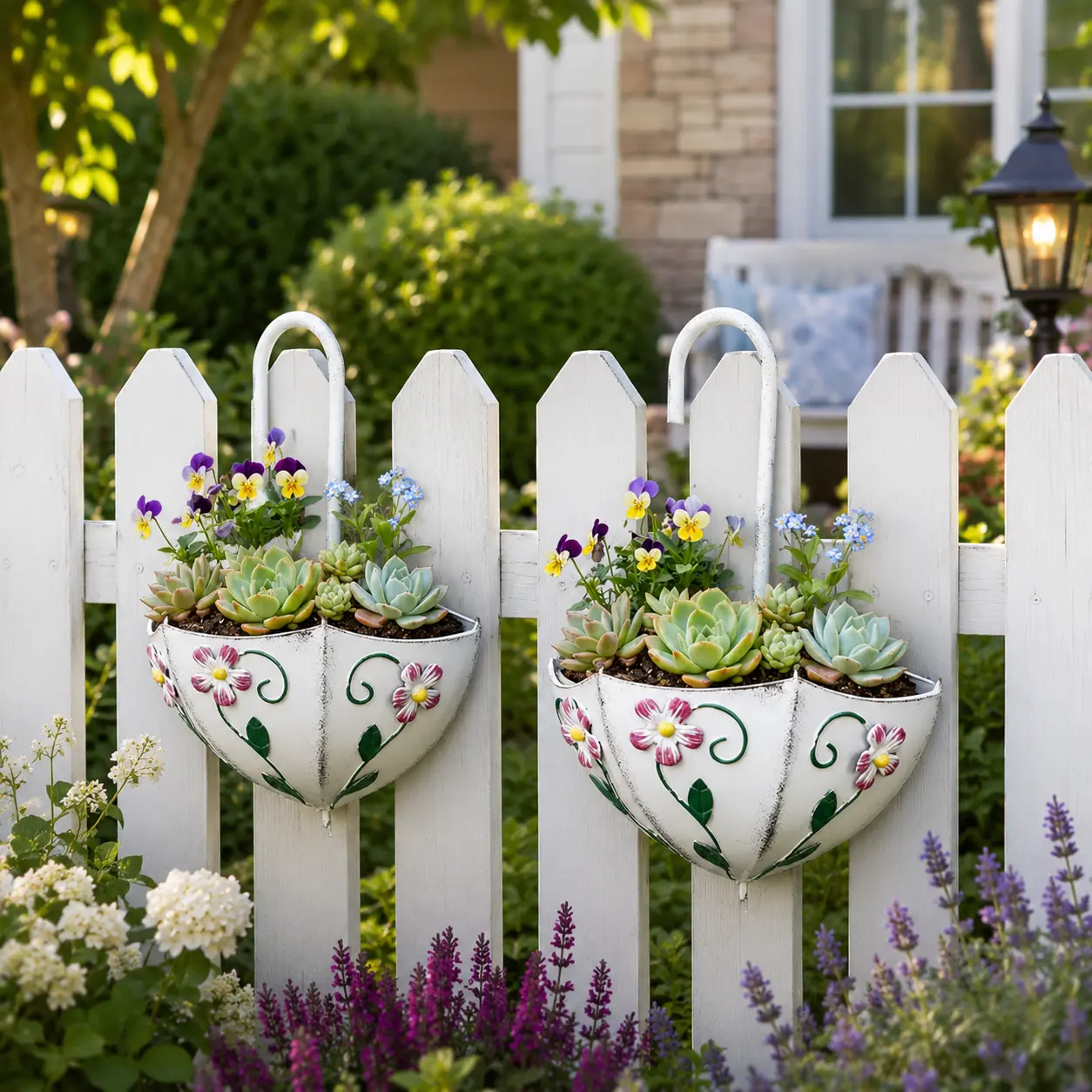 Metal Hanging Fence Planter Wall Flower Pot Decorative Outdoor Garden Planter Basket Rustic Wall Mounted Succulent Planter with Floral Umbrella Wall Planter Iron Hanging Flower Pot Decorative Garden Wall Basket Outdoor Patio & Balcony Decor