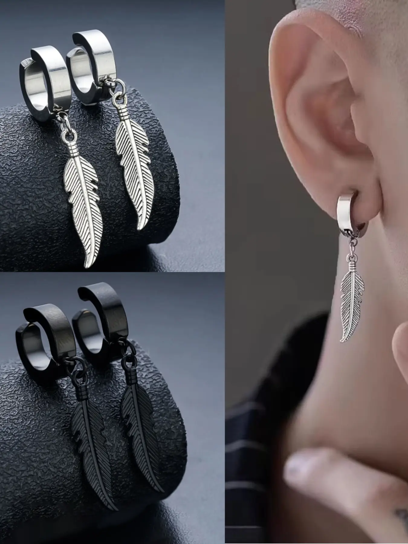 Hiphop Feather Earrings Earcuff Clip-On Unisex No Piercing Fashion Design, Perfect Gift for Special Occasions, Versatile Jewelry for Any Non Piercing Jewelry