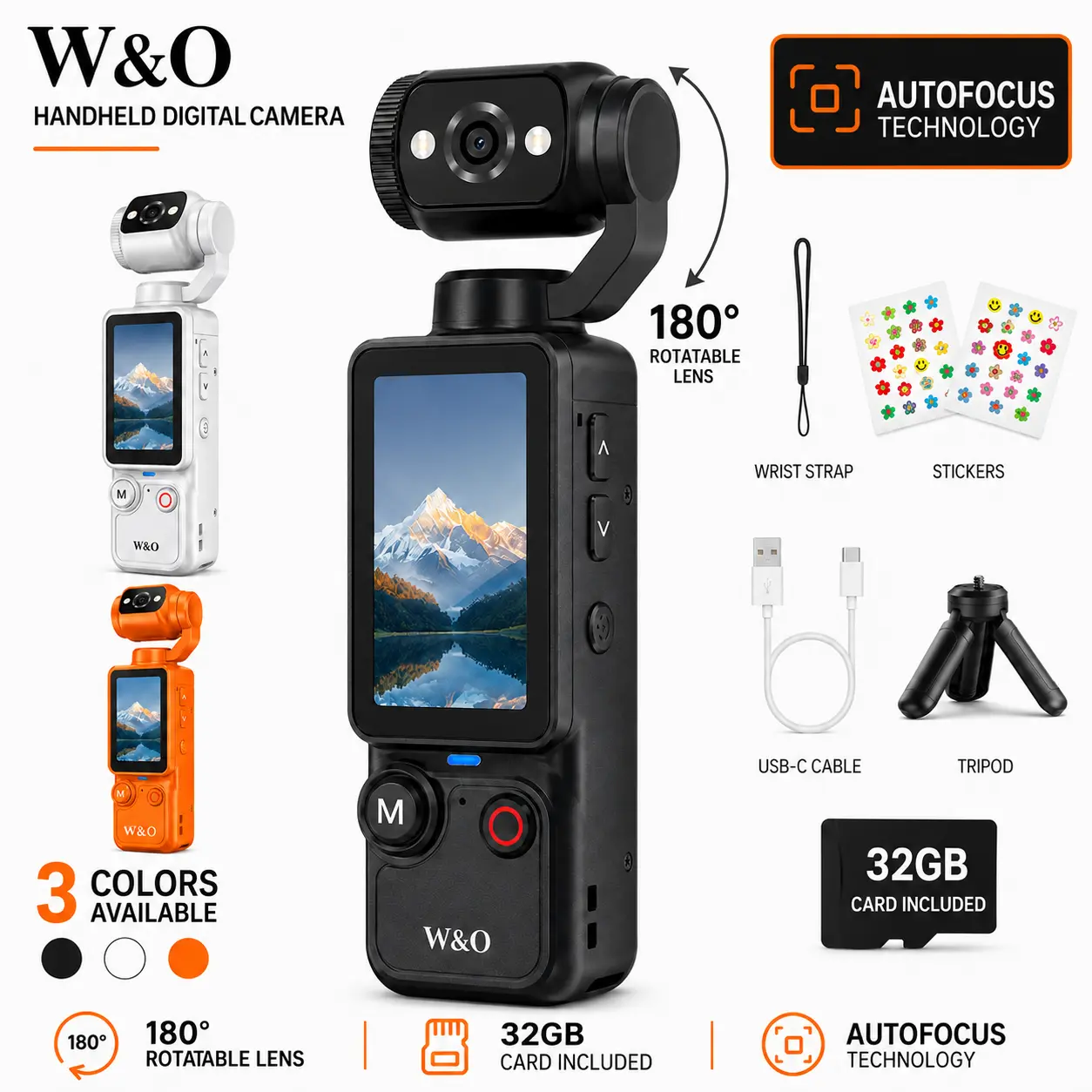 W&O Q7 Portable Handheld Digital Camera with 180° Rotating Lens, Autofocus, 1.9" Screen, 32GB Memory Card and Mini Tripod, USB-C Rechargeable Camera for Travel, Selfies and Daily Recording