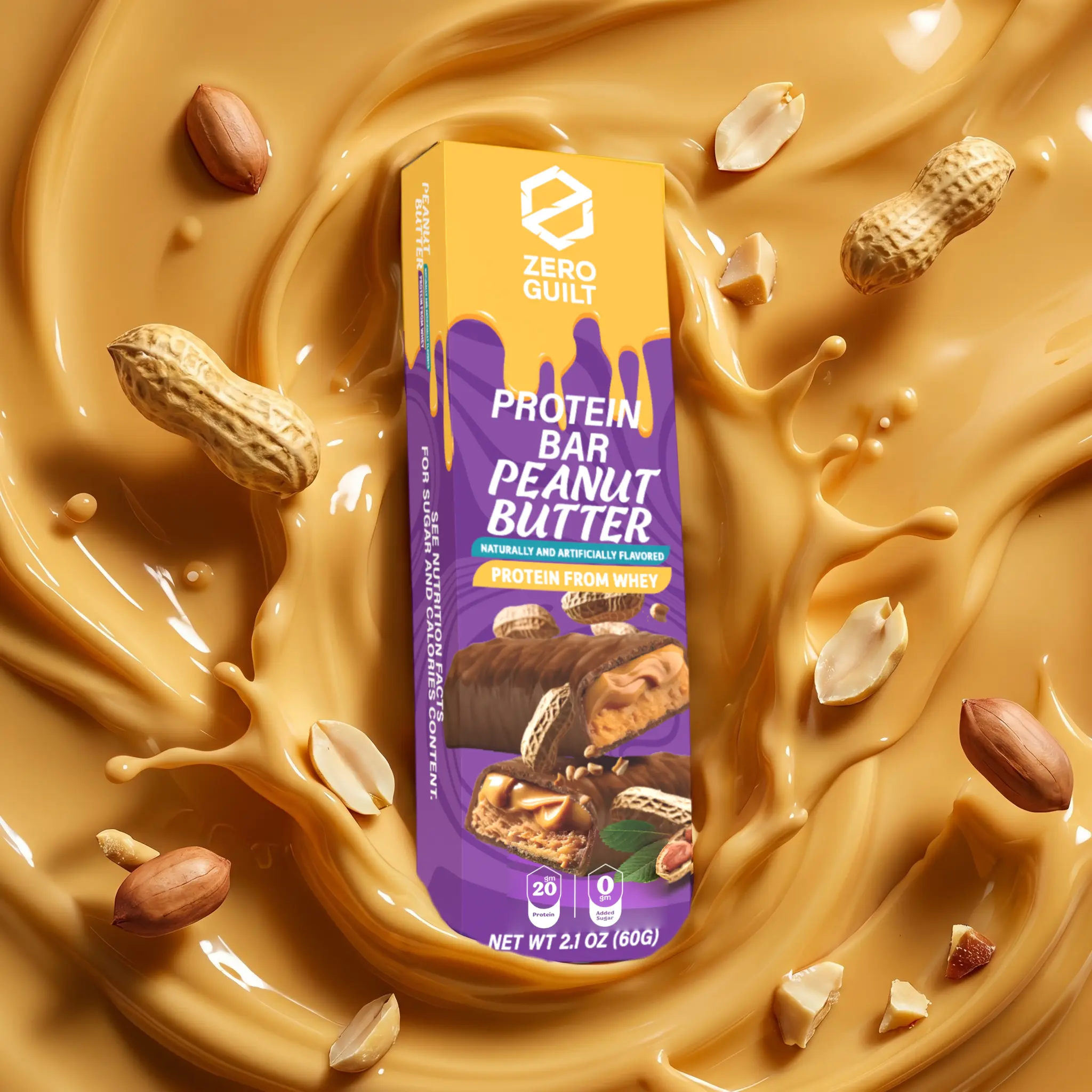 ZERO GUILT Peanut Butter 20G Protein Bar, ZERO Added Sugar, 60g Net Weight - 12 Pack