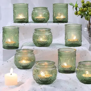 12 count Green Votive Candle Holders - Glass  Light Candle Holder for Wedding Shower, Candle Holder Bulks for Wedding & Home Table Decor,  Parties Gifts