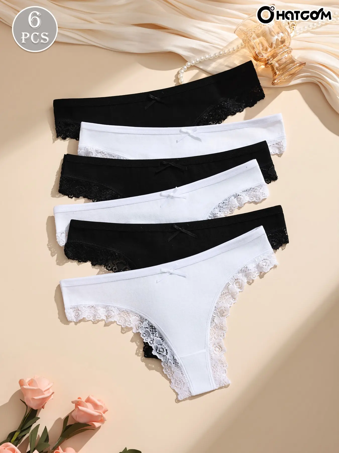 HOTCOM 6-Pack Women's Lace Thong Panties,Delicate Floral Lace Trim, Cute Bow Decor, Classic Black & White Set, Sexy Minimalist Design, Everyday, Perfect for Lingerie/Daily Wear, Sizes S-X, Lacy Panties, Lace Trim Panty, Womenswear