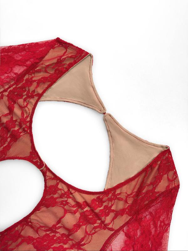 Sexy Red Lace Jumpsuit for Women Sheer Bodysuit One Piece Cut Out Outfit Deep V Neck Short Sleeve Catsuit Bodycon Romper Stretchy Floral Mesh See Through Clubwear Lingerie Style Statement Party Date Night Look