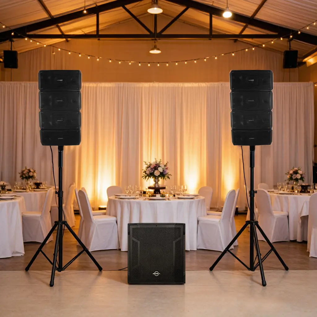 LOTAWAY GWS-042 Powered Line Array Instrumental Speakers - 15-inch Wooden Active Subwoofer, 2200W Professional DJ Audio Stereo, 3-Channel Mixer, Smart DSP, Bluetooth TWS, RCA Inputs, 45Hz, Smartphone Compatibility for Church, Live Events, Bass Speakers
