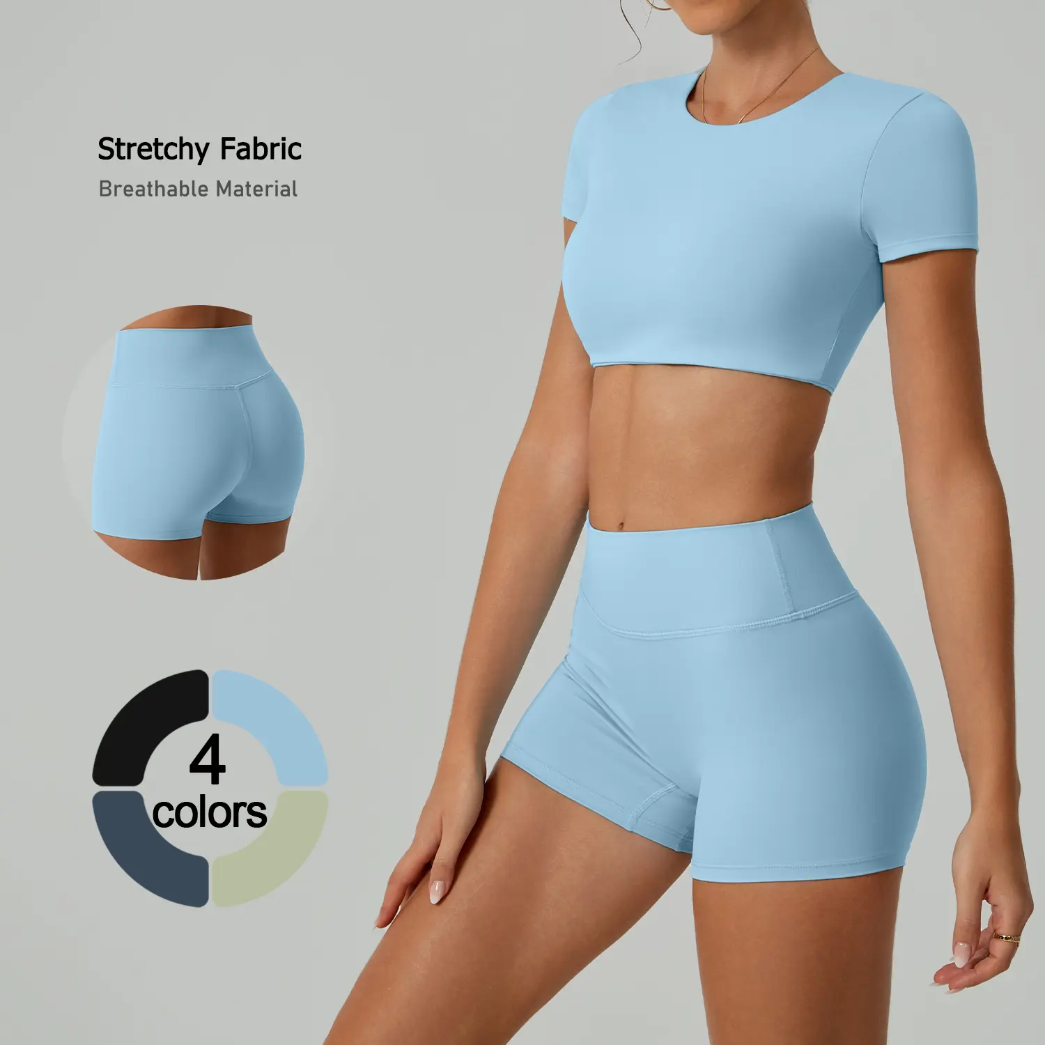 Women 2 Piece Workout Set, Crew Neck Cropped Top & High Waist Shorts, Stretchy Fabric, Butt Lifting & Non-restrictive Fit, Ideal for Yoga, Gym Training, Fitness and Daily Casual Outfits