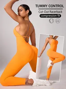 Women's Solid Crisscross Backless Sports Jumpsuit High Flexibility Slimming Silhouette Adjustable Straps Breathable Fabric for Yoga Gym Fitness Workout