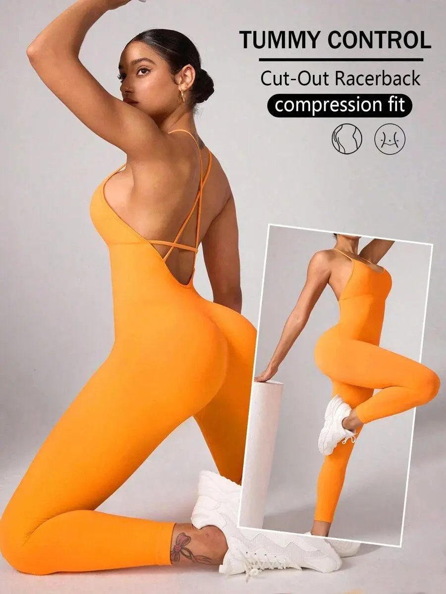 Women's Athletic Solid Backless Criss-Cross Adjustable Straps Jumpsuit - Cooling Breathable Knit Fabric, High Flexibility, Slim-Fitting Yoga Gym Overalls, Sporty Chic Activewear, Yoga Workout