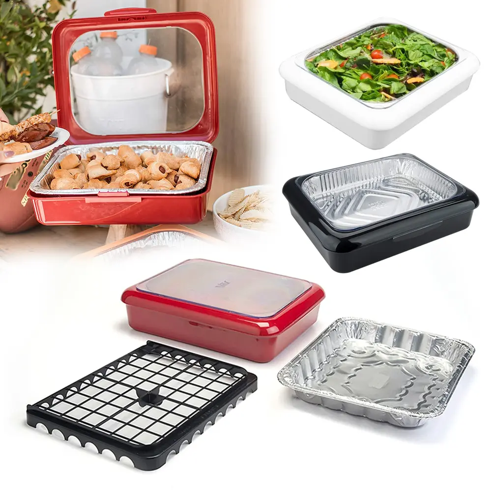 Plastic-Aluminium Food Foil Tray Holder Set with Covers, 35x28x8 cm Spill-Proof Stackable Lunch Container, Lightweight Portable Carrier, Open-Lid Serving Pan for Picnic, Party