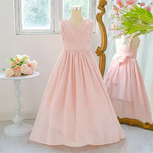 Pink Chiffon Kids Clothes 658 Princess Long Ball Gown Frock Children Formal Evening Party Banquet Pageant Prom Host Cocktail Dress Flower Girls 7-12Y