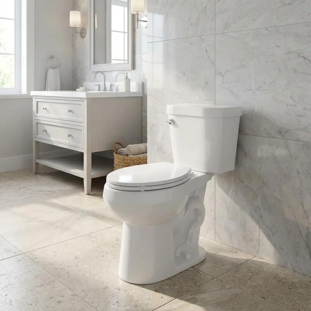 Garvee 21-inch ADA-compliant two-piece raised toilet with extra tall comfort height, side flush button, elongated slow-close seat, and water-efficient 1.28 GPF design, ideal for seniors and adults with limited mobility