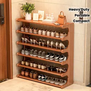 Farmhouse Freestanding Shoe Organizer,5/6 Tier Natural Wood Color Wooden Shoe Rack - Multi-Layer Freestanding Shoe Storage Organizer With Wood Grain Finish, Stackable Shoe Shelves For Entryway, Easy Assembly Home Storage For Renters​ Space - Saving