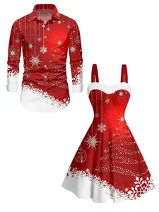 DRESSLILY 2025 Christmas Couple Outfit Women's Colorblock Snowflake Print Faux Fur Dress and Men's Long Sleeve Shirt Couple Set Matching Outfits
