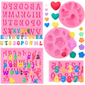 5 PCS Silicone Letter Molds, Non-Stick Number Heart Rose Flower Fondant Molds for Chocolate, Candy, Cake Decoration, Cupcake Topper