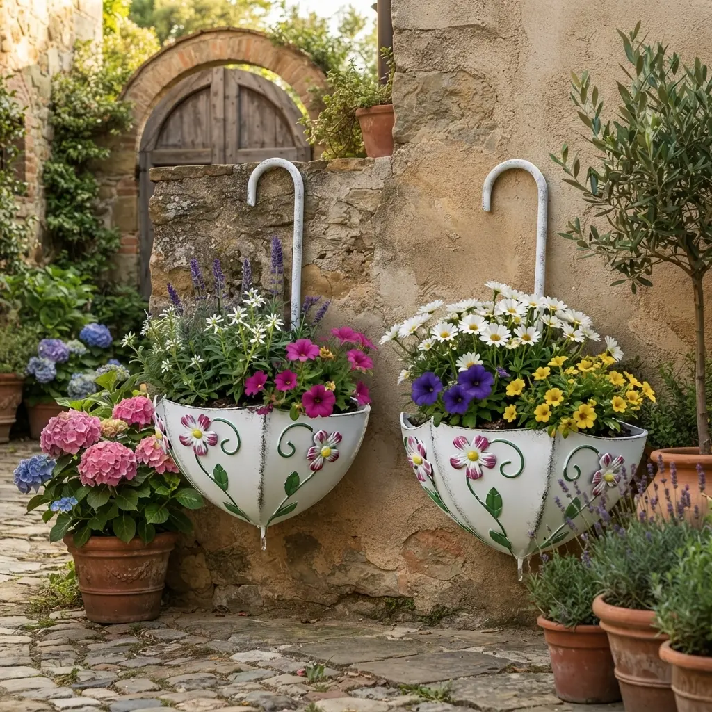 Decorative Umbrella Wall Planter Set - Vintage Metal Hanging Flower Pot for Garden, Patio, Fence, and Porch Decor - Unique Outdoor Wall Art Planter for Succulents, Flowers, Herbs Rust-Resistant Garden Decoration,Charming Farmhouse Gift for Plant Lovers
