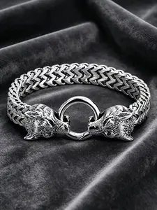Viking Wolf Head Franco Link Bracelet, 316L Stainless Steel Norse Mythology Jewelry for Men, Exquisite Craftsmanship