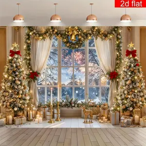 Charming Outdoor Christmas Backdrop, 2D Flat Printed Banner with Glittering Golden Trees, Vintage Sleigh and Snowy Wonderland for Holiday Decor party background