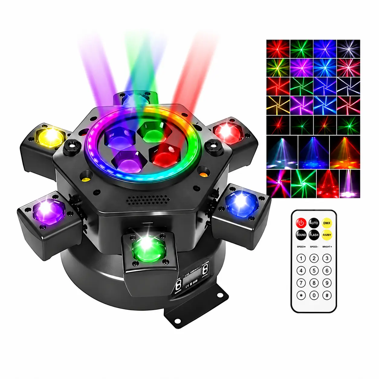 MDT  6-Arm 150W RGBW Moving Head Party Light - Sound-Active DJ Light with Red, Green Laser, White, Gold Strobe, Remote Control for Home Parties, Birthdays, Holidays,Halloween Day